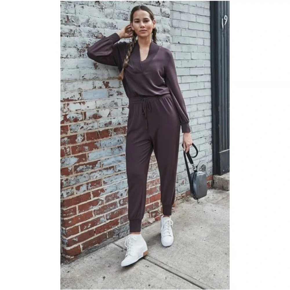 CALIA Brown Drawstring Soft Long Sleeve Jogger Sweatpants Jumpsuit V-Neck Lounge
